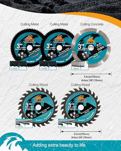 3 Inch Compact Circular Saw Blade Set, Multi-Material Cut for Wood, Plastic, Metal, Concrete Cutting, 10mm Arbor - 5 Pack - size: Set 3