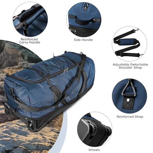 110L Expandable to 140L 32” Foldable Oxford Soft-Sided Rolling Duffle Bag with 2 Heavy-Duty Wheels,2 Large Compartments,Adjustable Shoulder Strap and Attached Organizer Pouch,Navy Blue - color: Navy Blue