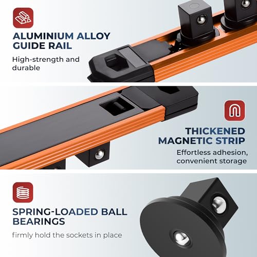 Reniteco Magnetic Socket Organizer Set, 3-Piece 1/2" 3/8" 1/4" Drive Aluminum Alloy Socket Holder with 40PC 360° Swivel Removable Clips, Magnetic Socket Rail for Tool Box Drawer, Orange - color: Orange, size: 3pc