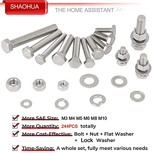 Metric Bolt Assortment, 244PCS M3 M4 M5 M6 M8 M10 Hex Bolts and Nuts Kit, 10-50mm Stainless Steel Bolts and Nuts Kit, Flat Hex Head Screws Bolts Nuts, Lock and Flat Gasket Washers Assortment Kit - size: A. M3 M4 M5 M6 M8 M10
