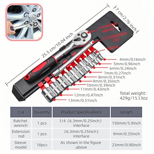 Professional 12PCS 1/4" Drive Metric Socket Wrench Set,90-Tooth Reversible Ratchet Handle,6-Point Shallow Sockets (4-13mm)&4" Extension Bar,CR-V Steel for Automotive,Motorcycle,Bike Repair Tools
