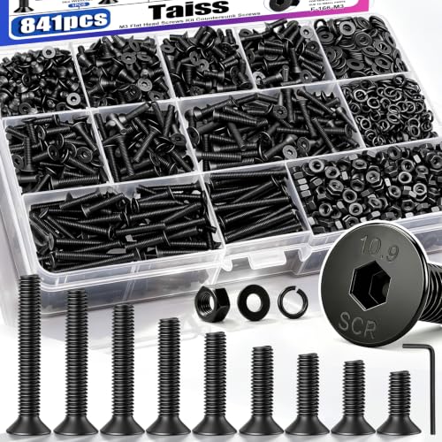 Taiss 841PCS M3 Screw Kit,Flat Head Metric Bolts Assortment,10.9 Grade Alloy Steel,Countersunk Machine Screws,Black Nuts and Bolts for 3D Printer,Mechanical Hardware,with Hex Wrenches - size: 841PCS M3