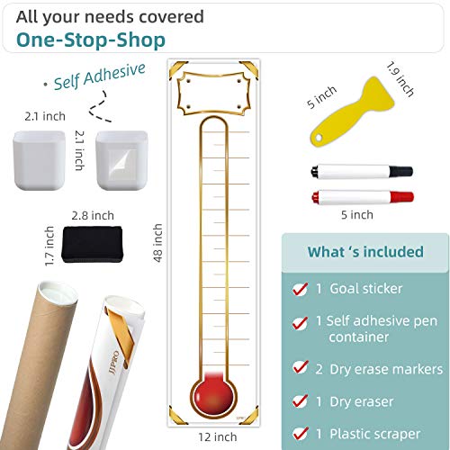 Fundraising Thermometer Chart Goal Tracker Decal - 48"x12" - Dry Erase Goal Setting Wall Poster Thermometer - Removable Giant Sales Goal Vinyal Sticker - color: Gold