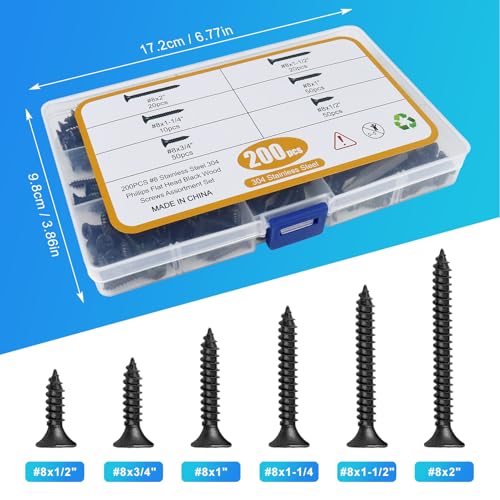 200PCS #8 Black Wood Screws Assortment Kit, 304 Stainless Steel Screws, Drive Sheet Metal Self Tapping Screws with Screwdriver Bit, 6 Sizes (2”,1-1/2”,1-1/4”,1”,3/4”,1/2”) - style: Black #8 Flat Head Set 200PCS