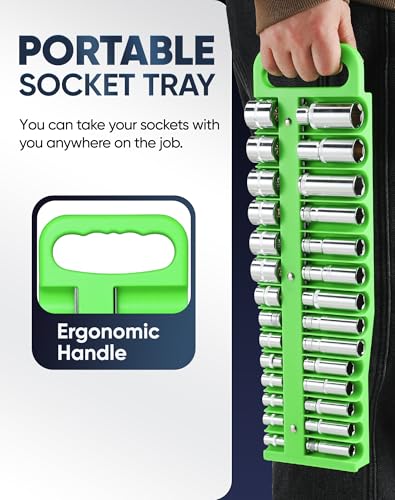 Reniteco 3-Piece Magnetic Socket Organizer Tray, for 1/2'', 3/8 '', 1/4'' Drive Metric/SAE Hold up to 76 Sockets, Heavy-Duty Socket Holder with Handle & Magnetic Base, Sockets Not Included - color: Green