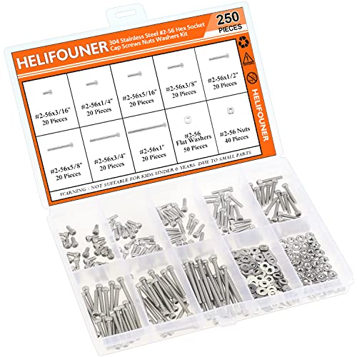 HELIFOUNER 250 Pieces #2-56 x 3/16" 1/4" 5/16" 3/8" 1/2" 5/8" 3/4" 1", Hex Socket Head Cap Screws Bolts Washers Nuts Kit, Coarse Thread, Fully Machine Threaded, 304 Stainless Steel - size: #2-56, style: Socket Head