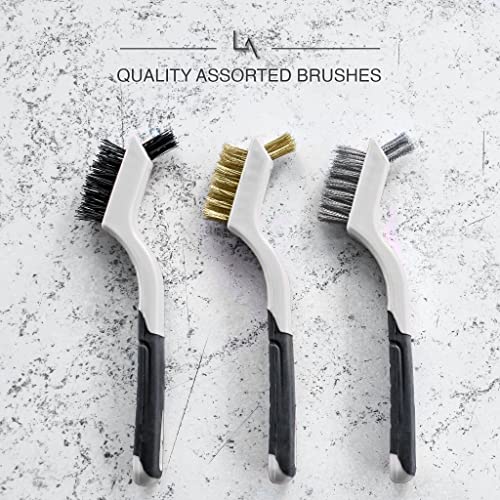Lavaxon Wire Brush Set 3Pcs - Nylon/Brass/Stainless Steel Bristles with Curved Handle Grip for Rust, Dirt & Paint Scrubbing with Deep Cleaning – 7 Inches (Grey) - color: Gray