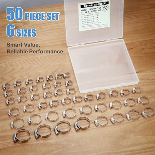 50-Piece 304 Stainless Steel Worm Gear Hose Clamp Assortment 1/4" to 1-1/2" (6–38mm) | Adjustable Pipe Clamps for Plumbing, Automotive, Marine & HVAC | DIY, Home & Garden Use