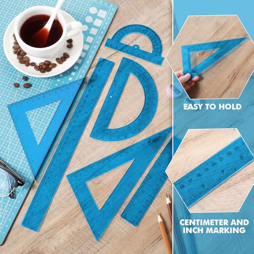 Tenare 6 Pcs Math Geometry Ruler Straight Protractor Triangle, Blue - color: Blue