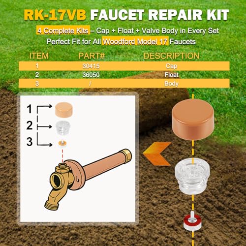 RK-17VB Vacuum Breaker Float Kit Compatible with Woodford Model 17 Wall Faucets, Anti-Siphon Valve Repair Kit to Stop Leaks & Backflow, Freeze-Resistant Design with Cap, Body, Float - 4 Pack