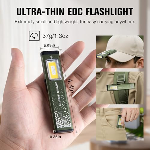 RECHOO Flat EDC Flashlight Rechargeable, 8-Mode Slim Pocket Flashlight with Magnetic Base & Clip, Lightweight Mini Rechargeable Flashlights for Everyday Carry, Working, Camping, Car Repair & Emergency - color: Green