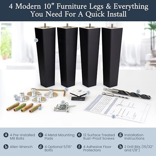 Airy Abode Premium Black Square Furniture Legs (Full Install Kit) - Pick Your Size and Color - color: Black, size: 10 Inches