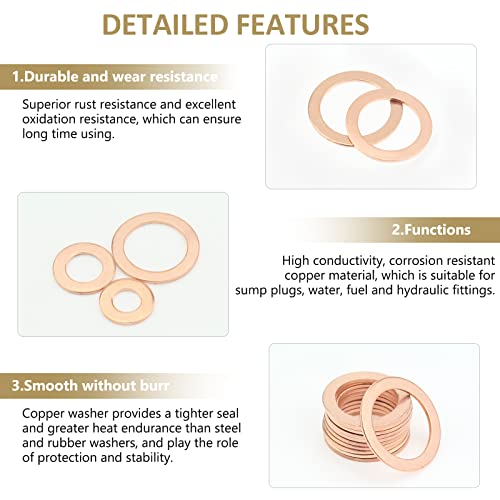 225 Pieces Copper Metric Flat Washers, Sealing Washers, Kindroufly 10 Sizes Copper Washers, Metal Washers Assortment Kit (M5 M6 M8 M10 M12 M14 M16)