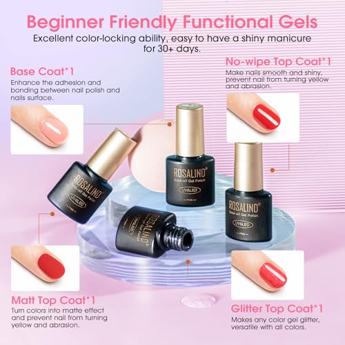 ROSALIND 30Pcs Gel Nail Polish Set, 26 Colors Macaron Pastel Gel Polish | with 3Pcs Glossy Matte Glitter Top Coat, Base Coat, Four Seasons Colors, Soak Off, UV Gel Nail Gift for Women - color: Multi-pastel