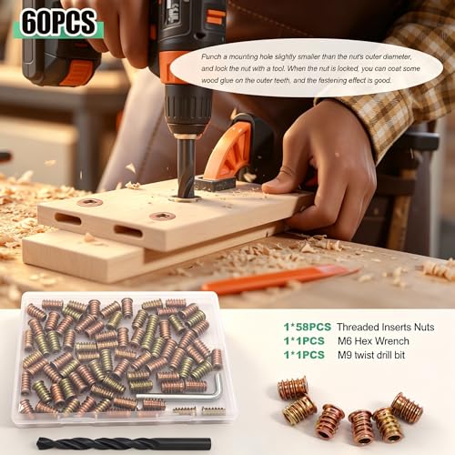 Twidec/60PCS 1/4"-20 Threaded Inserts for Wood Furniture Screw-in Nut Wood Inserts Bolt Assortment Kit with M6 Hex Wrench (1/4"-20 x20mm) N-059-1/4x20 - size: 1/4"-20 x 20mm (60 PCS)