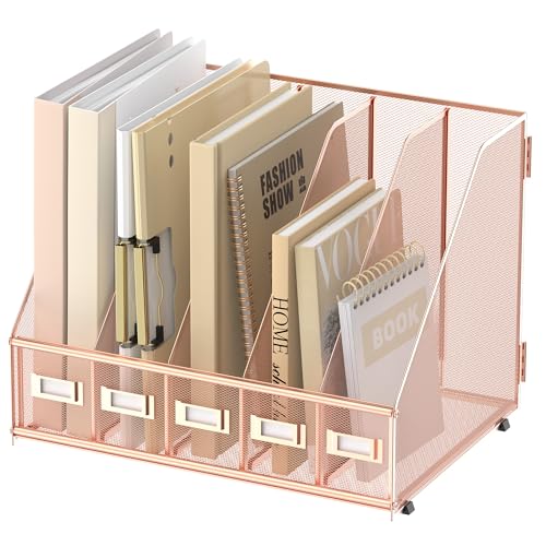 SUPEASY Desk Organizers Metal Desk Magazine File Holder with 5 Vertical Compartments Rack File Organizer for Office Desktop, Home Workspace, Rose Gold - color: Rose Gold, size: Small