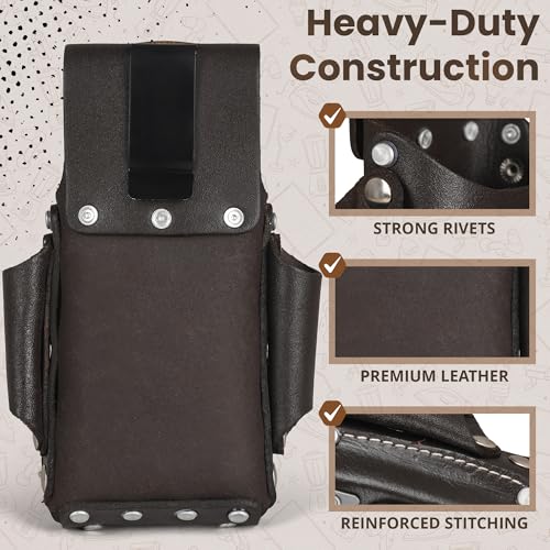 Ap-Leather Pro-5 Electrician Pouch, Leather Tool Pouch, 5 Pocket Pouch with Electrical Tape Holder, Durable Compartments, Tool Pouch with Belt Clip, Dark Brown - color: Chocolate