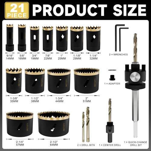 Bi-Metal Hole Saw Set 21 Pcs with Quick Change Arbors, 9/16 to 2-1/2 Inch for Wood Metal Plastic and PVC, Complete Professional Set with Case - size: 9/16" to 2-1/2"