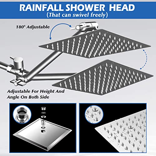 Shower Head,8”Rain Shower Head with Handheld Spray Combo with 11'' Angle Adjustable Extension Arm/Flow Regulator/Shower System,High Pressure Rainfall Shower Head Bathroom,Chrome - color: Silver01, size: 8 Inch