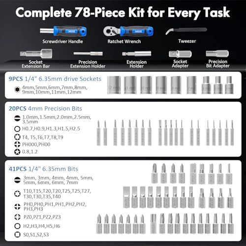 XOOL 78-Piece Ratchet Wrench & Screwdriver Tool Set with Metric 1/4" Sockets 4–12mm, Magnetic Precision & Standard Bits for Electronics, Home Repair & DIY - size: 78 in 1