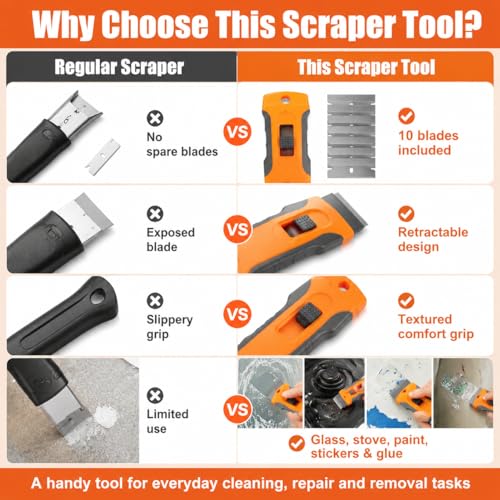 Razor Blade Scraper with 10 Metal Blades – Glass Stovetop Window Cleaner Tool