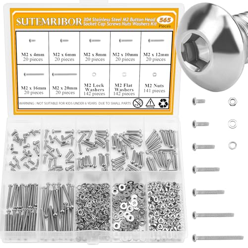 565 Pieces M2 Screws Nuts Washers Set, Sutemribor M2 x 4/6/8/10/12/16/20mm Button Head Socket Cap Screws Nuts Washers Assortment Kit, 304 Stainless Steel, Fully Threaded - size: M2, style: Button Head Socket Cap