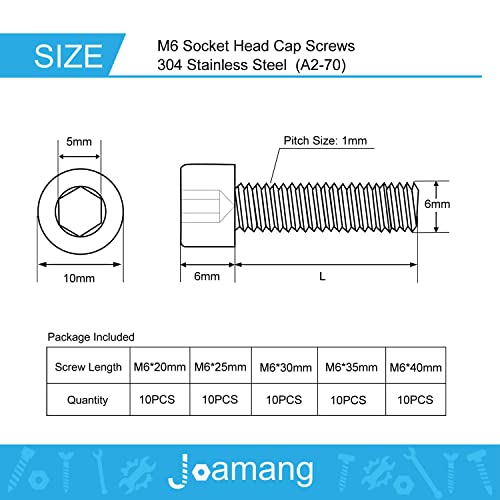 M6 x 20mm 25mm 30mm 35mm 40mm Socket Head Cap Screws Bolts, Stainless Steel 304, Metric Allen Hex Drive, Bright Finish, Fully Threaded, Assortment Kit 50PCS - size: Socket M6x20-40 mm