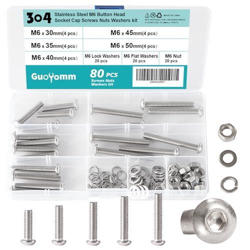 80 PCS M6 x 30mm 35mm 40mm 45mm 50mm, Button Head Socket Cap Screws Bolts Washers Nuts Assortment Kit, Stainless Steel 304, Metric Allen Hex Drive - size: Button M6x30/35/40/45/50 mm