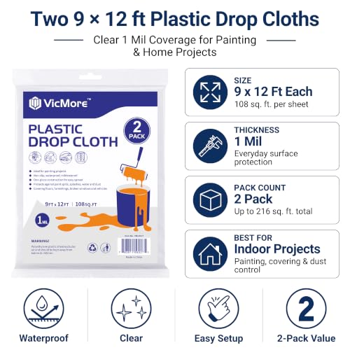 VICMORE Clear Plastic Drop Cloths for Painting, 9 x 12 Ft, 1 Mil, 2 Pack