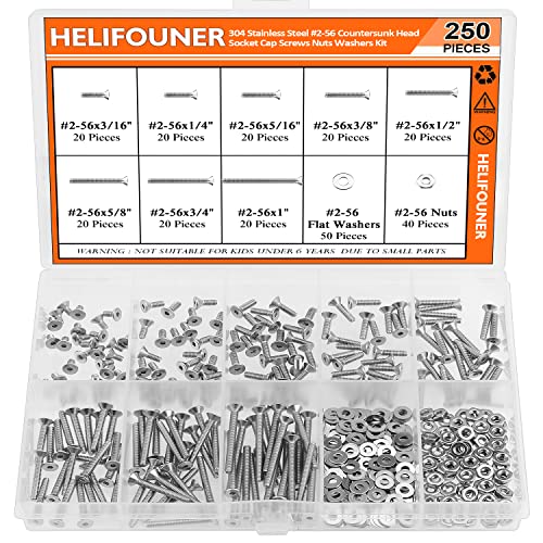 HELIFOUNER 250 Pieces #2-56 x 3/16" 1/4" 5/16" 3/8" 1/2" 5/8" 3/4" 1", Countersunk Head Socket Cap Screws Bolts Washers Nuts Kit, Coarse Thread, Fully Machine Threaded, 304 Stainless Steel - size: #2-56, style: Countersunk Head
