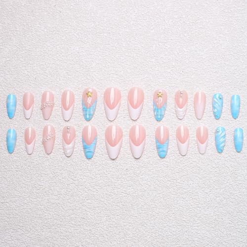 3D Blue Press on Nails Almond Medium French Tip Fake Nails - color: 3D Embossed design 12
