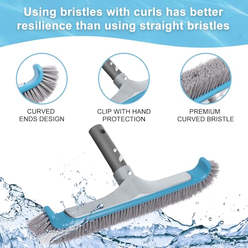 Sepetrel 4-Piece Pool Cleaning Kit, 17.5" Curved Wall Brush, Rotatable Hand Scrubber, Deep Bag Leaf Rake and Flat Skimmer Net (Pole Not Included) for Above Ground and Inground Pools - size: Plastic Frame Rake(No Pole)