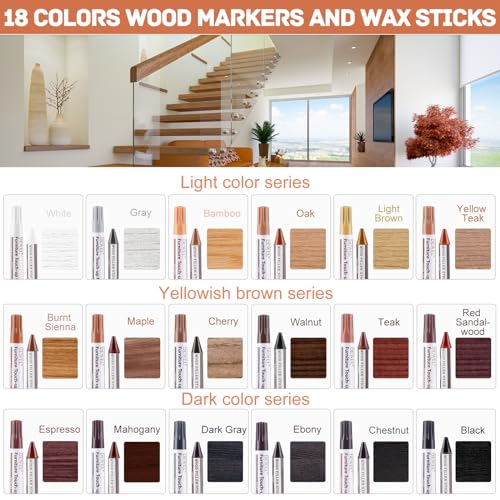DEWEL Wood Markers Furniture Repair, 18 Colors Furniture Markers Touch Up and Wood Filler Sticks, Wood Scratch Repair Kit for Laminate Floor, Cabinet, Wooden Door, Wood Finish Stain - color: 18 Color