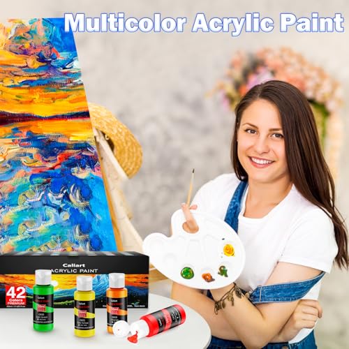Caliart 42 Colors Acrylic Paint Set with 12 Brushes - color: Regular, size: 2 Fl Oz (Pack of 42)