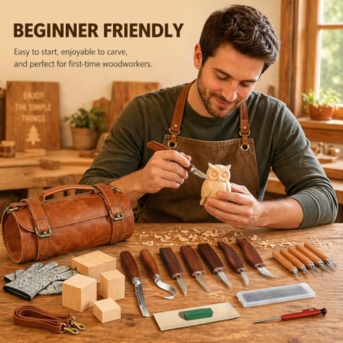 Deluxe Wood Carving Kit, 26Pcs Whittling Tools with 6 Basswood Blocks & Leather Case, High-Carbon Steel Knives, Safety Gloves, Woodworking Set for Beginners Adults DIY Craft Gifts