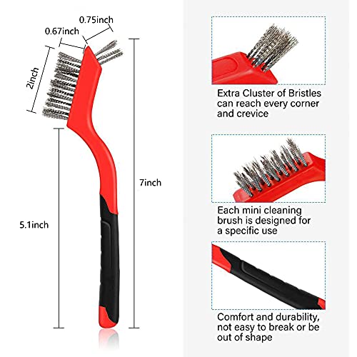 Wire Brush Set for Cleaning Rust Removal in Holes, 3pcs Brass/Stainless Steel/Nylon Brushes - color: Red