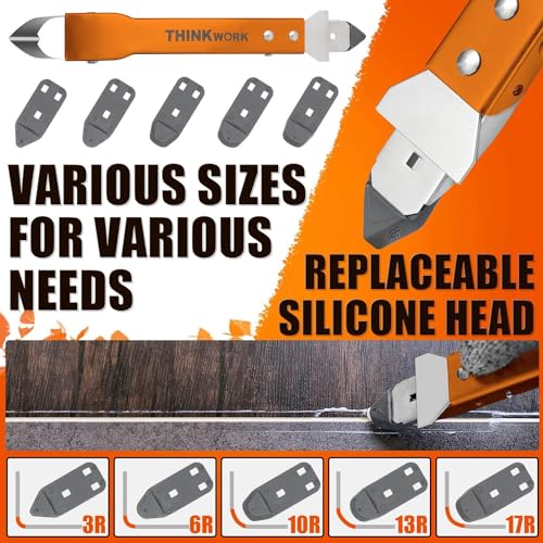 4 in 1 Silicone Caulking Tool Kit, Stainless Steel Caulk Remover Tool | Durable Construction, Quick & Easy to Use, 5 Replaceable Silicone Pads, Protective Gloves, Remove, Apply & Finish Caulk - color: Orange
