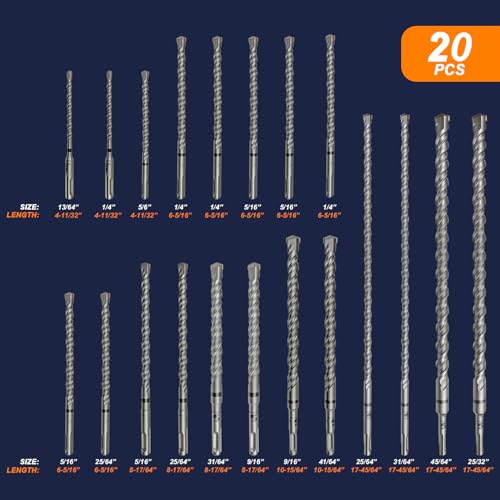 Rotary Hammer Drill Bits Set SDS Plus Bits 20PCS Concrete Masonry Hole Tool with Storage Case for Concrete, Stone, Brick - size: Assorted Sizes, style: Kit (20 Pieces)