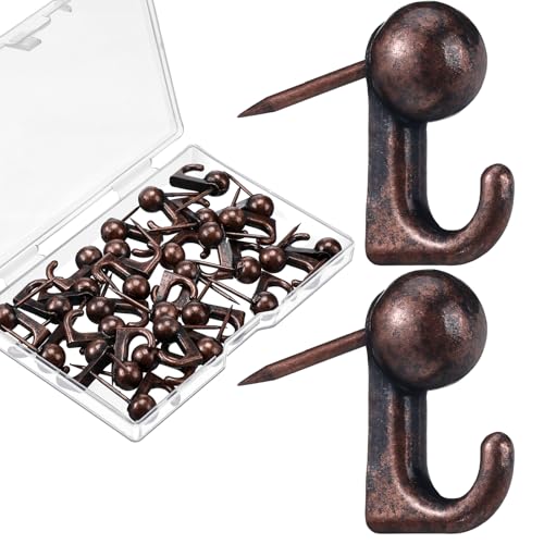 Jetec 30 Pieces Metal Push Pin Hangers Pin Wall Hooks Picture Hanging Picture Nails Frame Oil Painting Hooks on Wooden or Fabric Wall for Home or Office (Bronze) - color: Red Antique