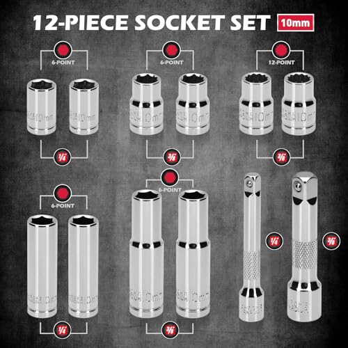 12-Piece 1/4" & 3/8" Drive 10mm Socket Set with 3-inch 3/8 & 1/4 Extension Bars | Deep & Shallow Mirror Finish Socket Set | Magnetic Storage Rail | Cr-V | 6 Point & 12 Point (13 Pack) - color: 12pcs 10mm Deep/Shallow +Mag Rail