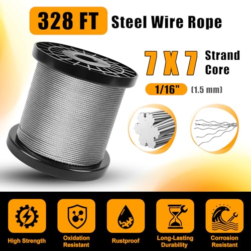 Cyrico 328FT Wire Rope Crimping Tool Kit, 1/16" Stainless Steel Cable with Cutter, Heavy Duty Crimper, 210 PCS Aluminum Crimp Loop Sleeves, 50CS Thimbles, Gloves for Railing, String Lights, Fishing
