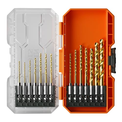Klein Tools 53614 14-Piece Titanium Drill Bit Set, Impact-Rated, 1/4-Inch Hex Shank, Cuts Metal, Plastic, Wood, 11 Unique Sizes - size: 14-Piece Drill Bit Set