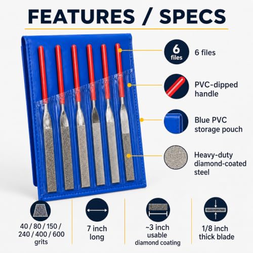 Drilax 6-Pc Diamond File Set, Flat Hand Files (40–600 Grit) Heavy-Duty Diamond Sharpening & Finishing Tools for Glass, Jewelry, Stone, Metal Precision Craft Files for DIY, Workshop & Professional Use