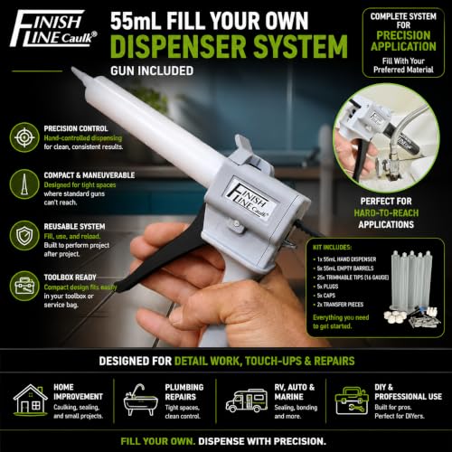 Precision 55 ML Dripless Syringe-Style Caulk and Sealant Applicator – Empty Syringe Barrels, Fine Tip Nozzles, Caps & Easy-Fill System – Ideal for Caulking, Adhesives, and Sealants