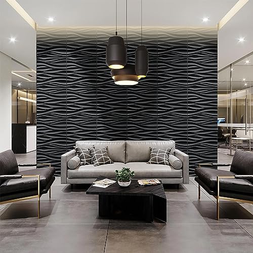 STICKGOO Black 3D Wall Panels, Wave Design, 19.7''x19.7'' - color: Black