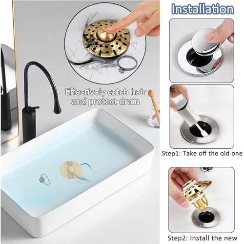 AzWzz Bathroom Sink Drain Strainer, 3 in 1 Pop Up Bathroom Sink Stopper - color: Brushed Gold