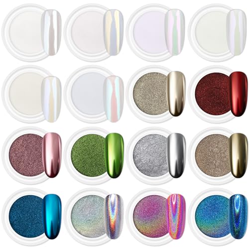 Artdone 16 Jars Chrome Nail Powder Nail Art Fimo 1g/Jar White Pearl - color: 16 colors Pearl Chrome