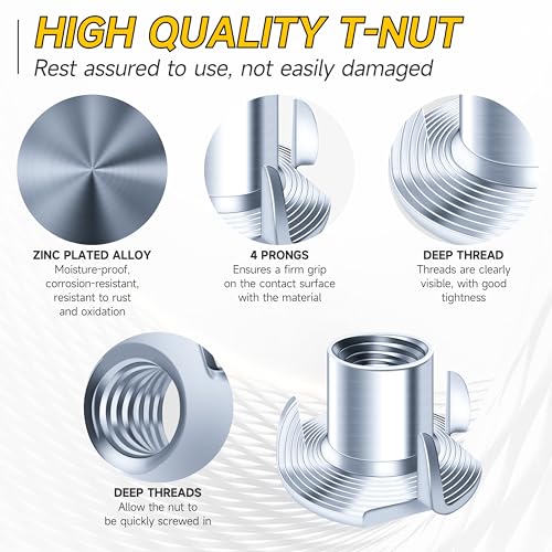 180Pcs 1/4-20 5/16-18 3/8-16 T-nut Assortment Kit, 4 Pronged T Blind T Nut Zinc-Plated Alloy Steel, Wood Working, Rock Climbing Holds & Furniture Hardware Nuts, Threaded Insertion by Mywish
