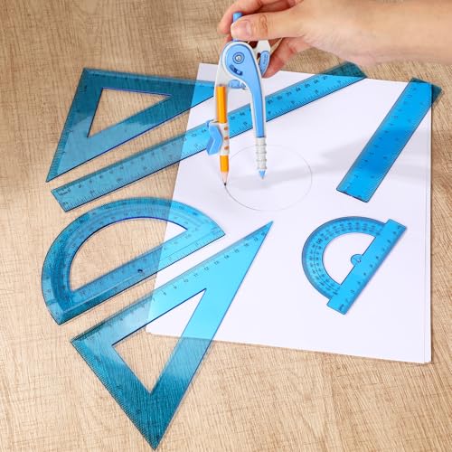 Zonon 7 Pcs Geometry Math Set with Compass Protractor Rulers, Blue - color: Blue