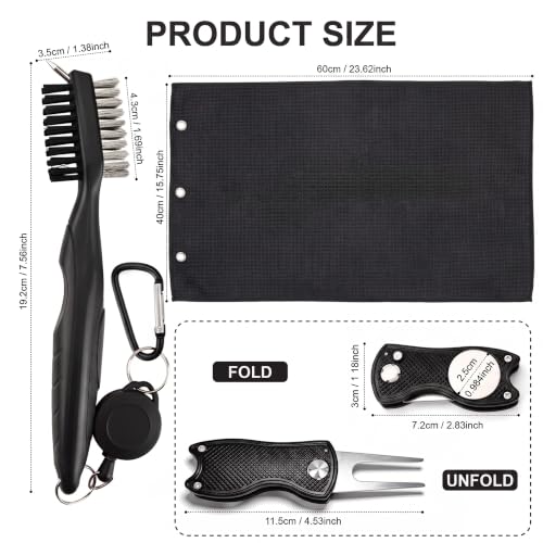 Golf Towel for Men with Club Brush & Divot Tool – 16"x24" Tri-Fold Waffle Microfiber Towel, Retractable Club Groove Cleaner & Divot Repair Tool, Golf Accessory Kit for Male Golfers (Black) - color: Black